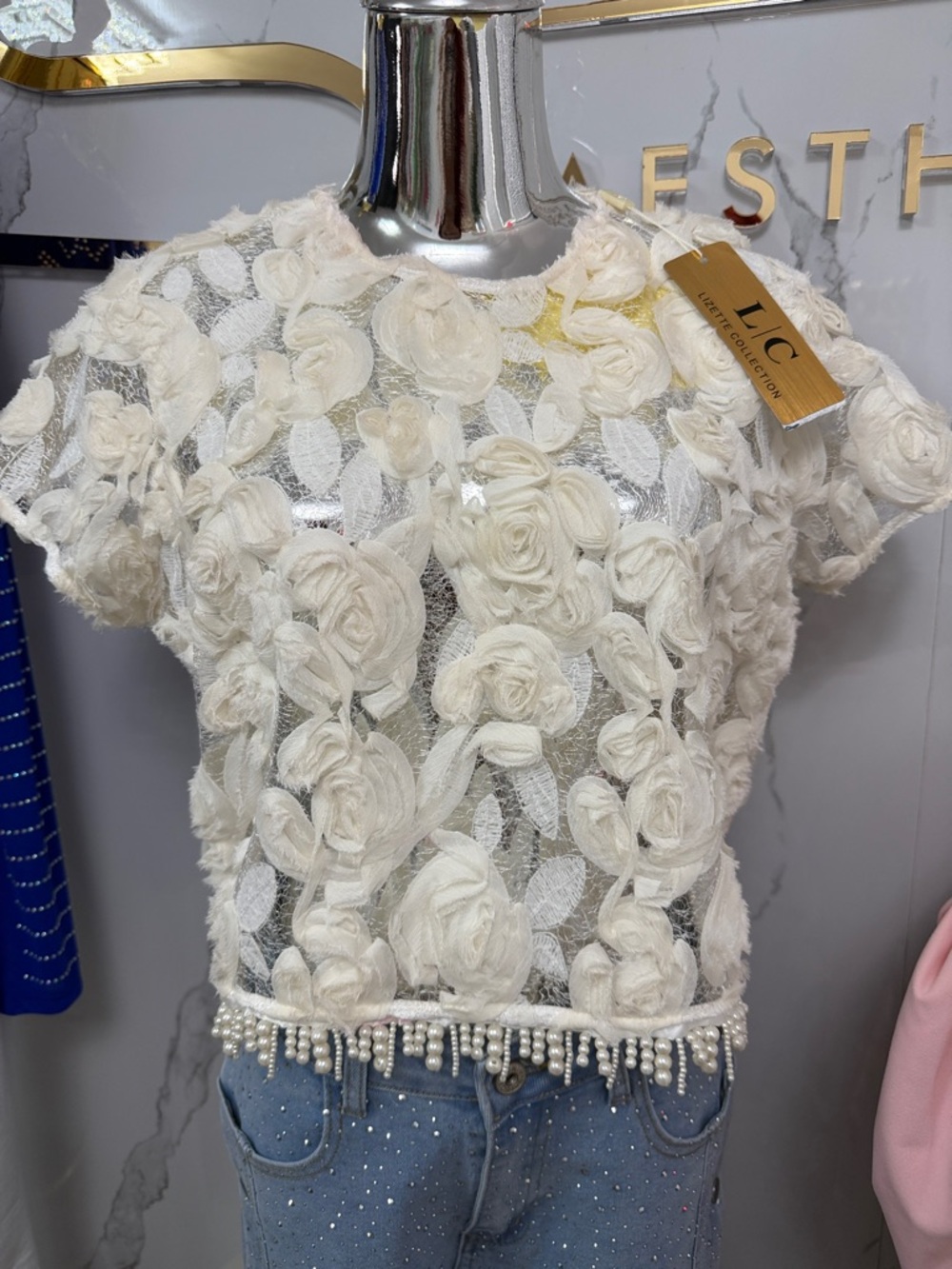 Cream Floral Rosette Pearl-Trim Crop Top